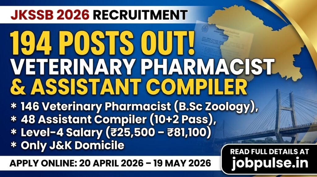 JKSSB Recruitment 2026: Apply Online for 194 Veterinary Pharmacist & Assistant Compiler Posts