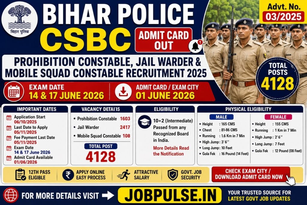 Bihar Police CSBC Prohibition Constable, Jail Warder & Mobile Squad Constable Recruitment 2025 Admit Card Released